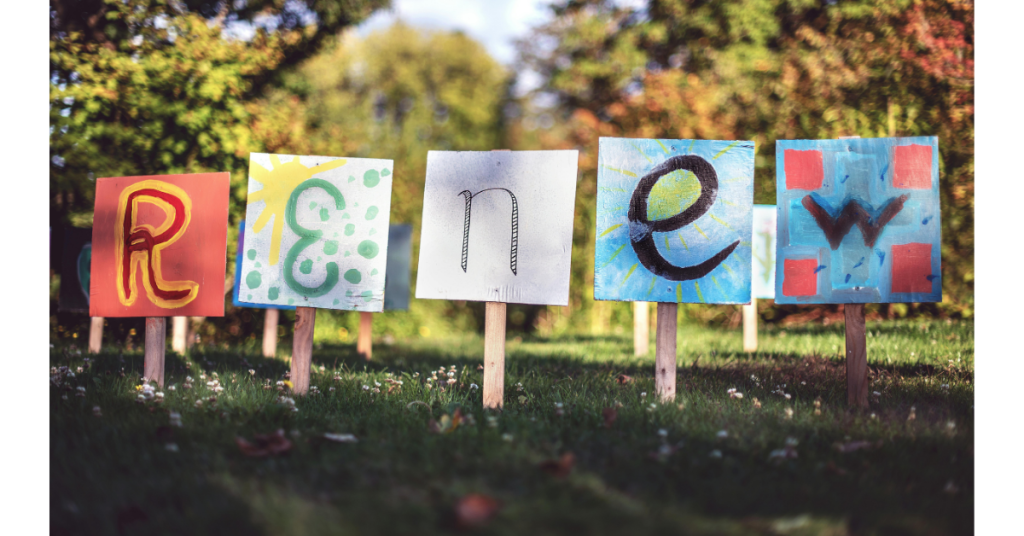 The word “Renew” representing growth, reflection, and new beginnings.